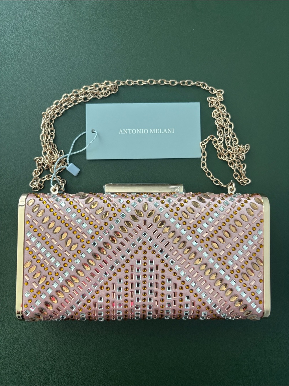 ANTONIO MELANI Pink Jeweled Evening Clutch with Gold Chain